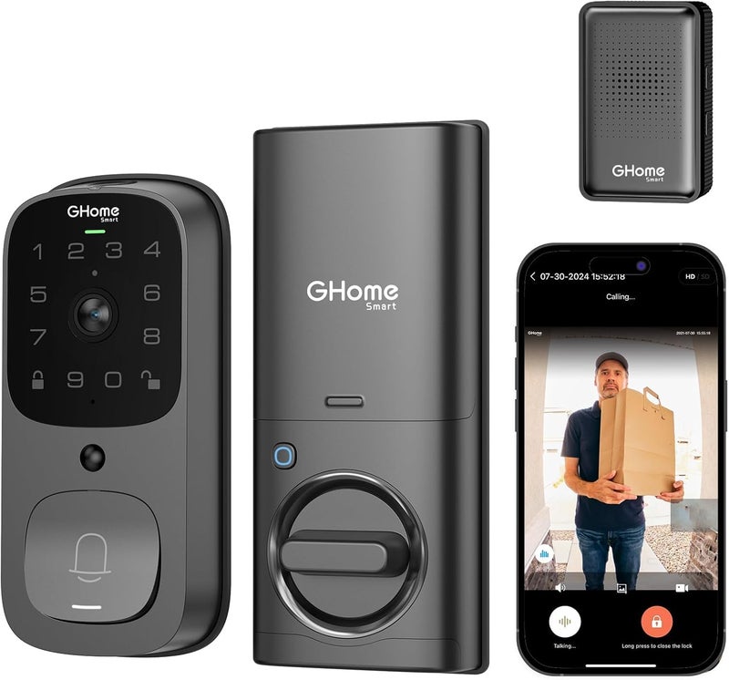 GHome Smart 3 in 1 Door Lock with Fingerprint WiFi Keyless Entry Smart Deadbolt  2K HD Camera  2.4GHz  App Remote Control  Smart Door Knob with Doorbell - Image 1
